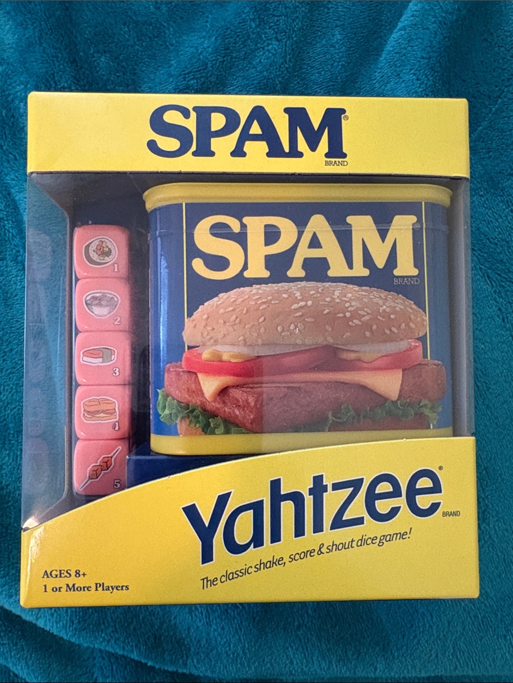 Collectable Hasbro Yahtzee SPAM Edition - Yellow & Blue with Pink Dice